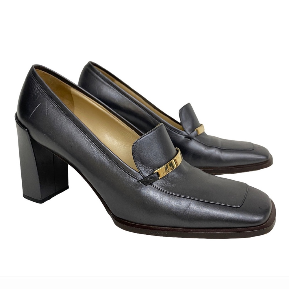 Gucci Pewter Heeled Loafer Gold Bar Silver Metallic Pumps Heels Size 7.5